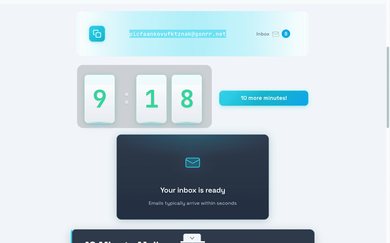 Interfaccia di 10MinuteMail che mostra l'indirizzo generato, un grande timer con conto alla rovescia e un pannello della casella vuoto