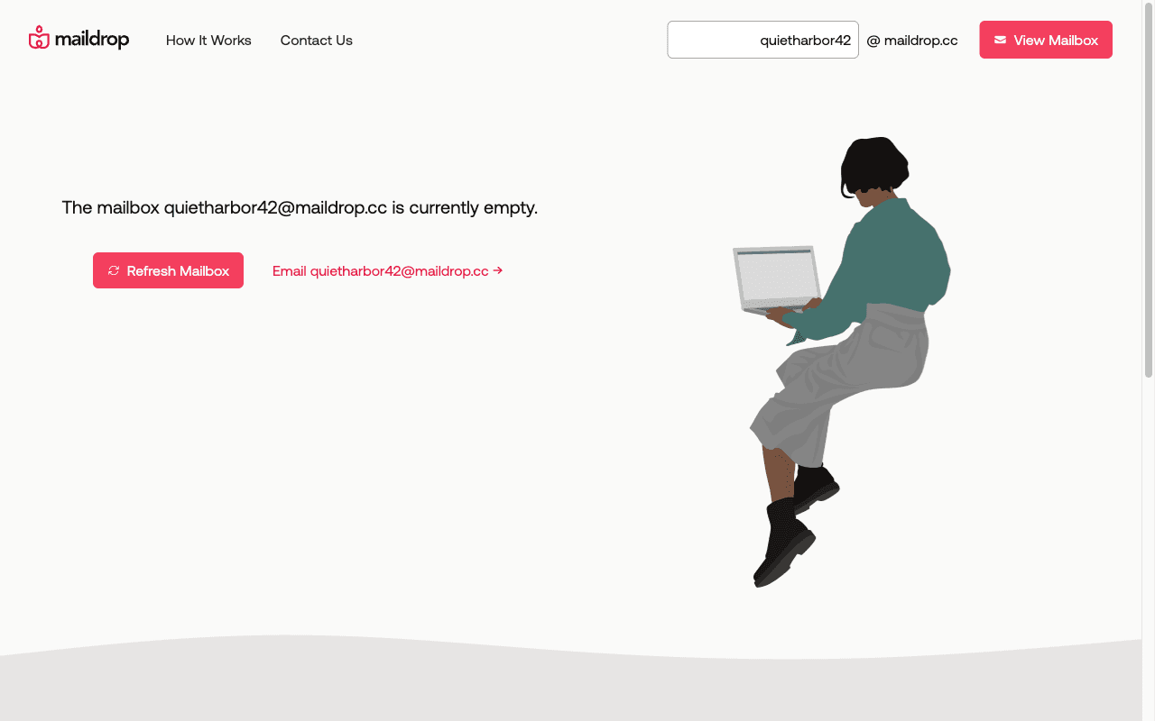 Interfaccia web di Maildrop che mostra un messaggio di casella vuota, un pulsante di aggiornamento e un layout minimalista