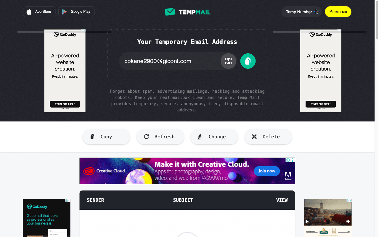 Interfaccia web di Temp-mail.org che mostra un indirizzo email usa e getta generato con i controlli per copiarlo, circondato da numerosi annunci display