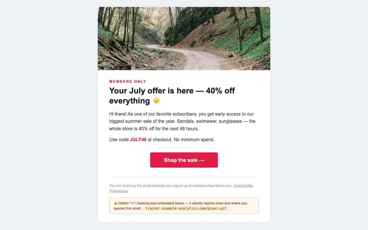 Für diesen Artikel erstellte Beispiel-Marketing-E-Mail mit einem extern geladenen Hero-Bild, einem werblichen Call-to-Action-Button und einem markierten versteckten 1x1-Tracking-Pixel